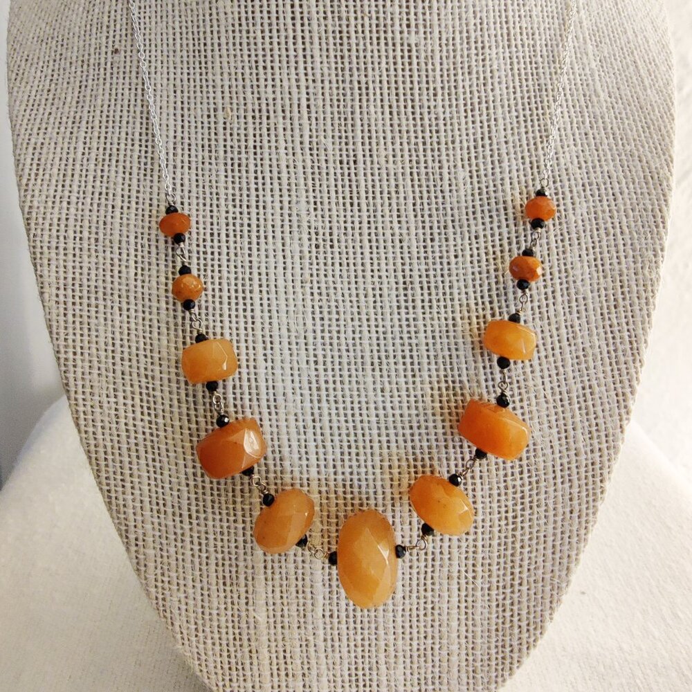Peach agate and black spinel sterling silver necklace 18"